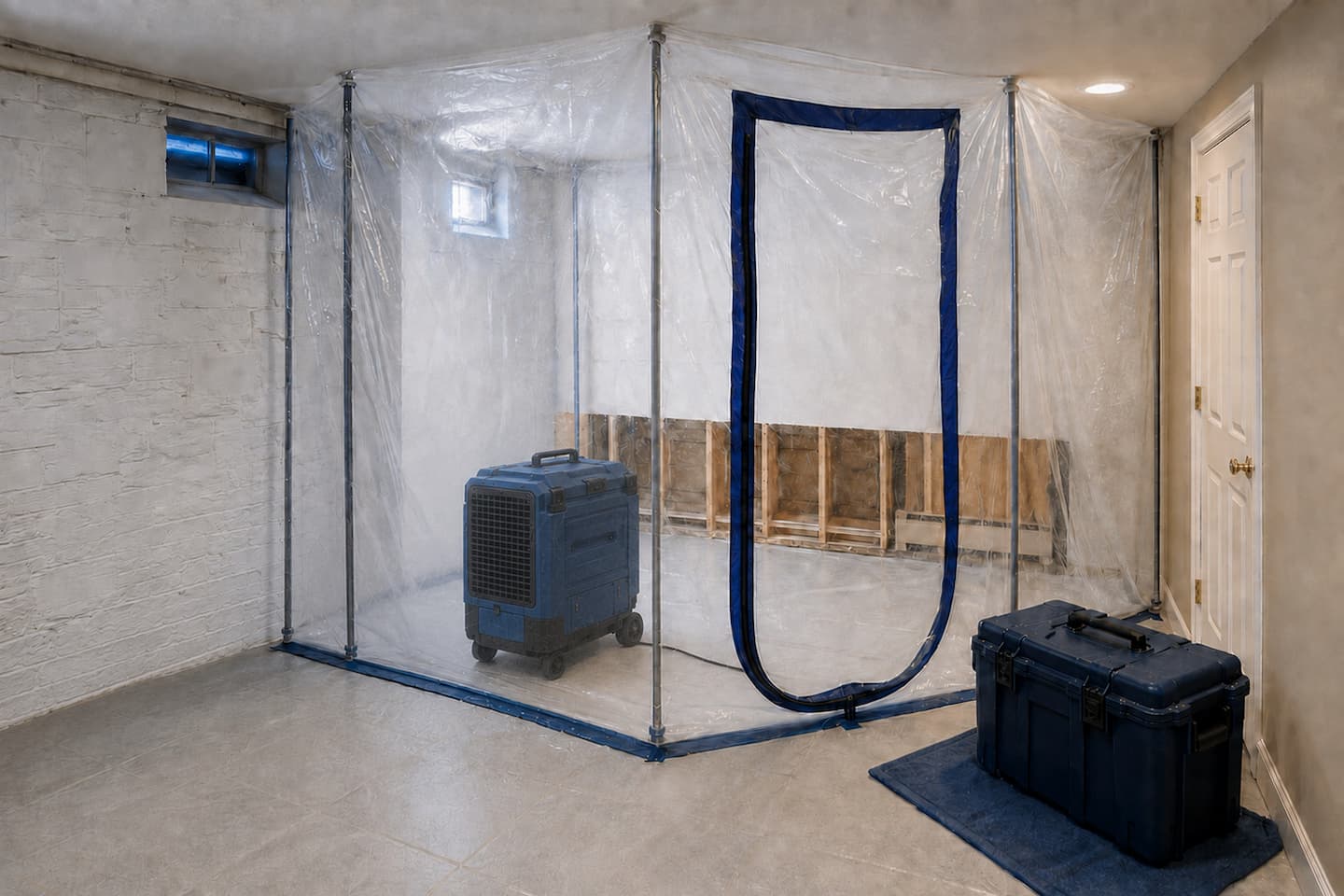 Clear plastic containment with a HEPA air scrubber inside a residential basement work zone