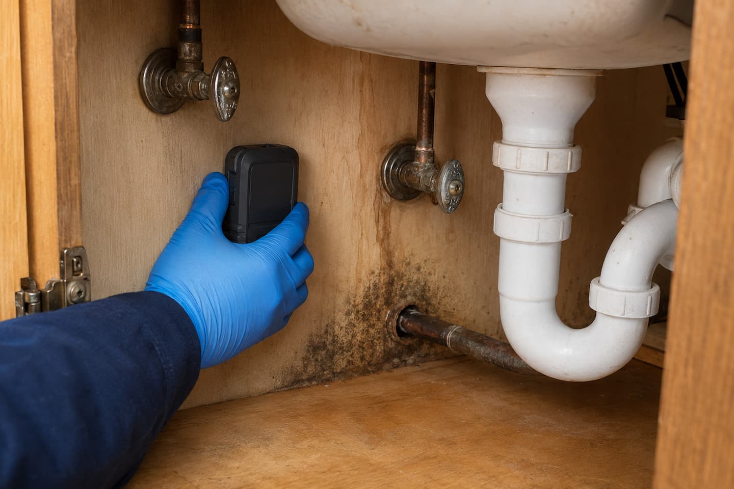 Gloved hand checking moisture beneath a kitchen sink beside dark spotting and old leak stains