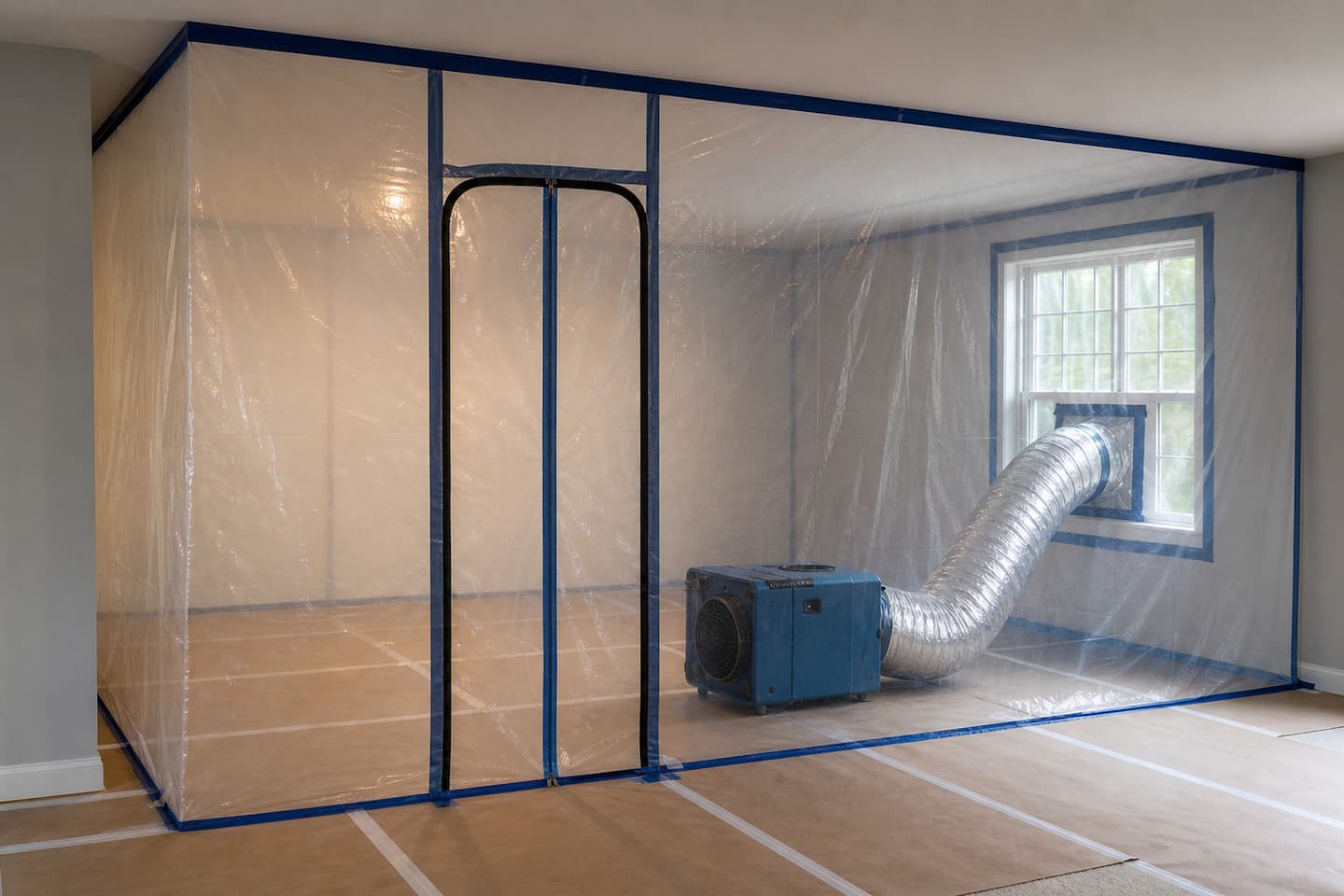 Residential remediation containment with sealed plastic barriers and negative-air equipment