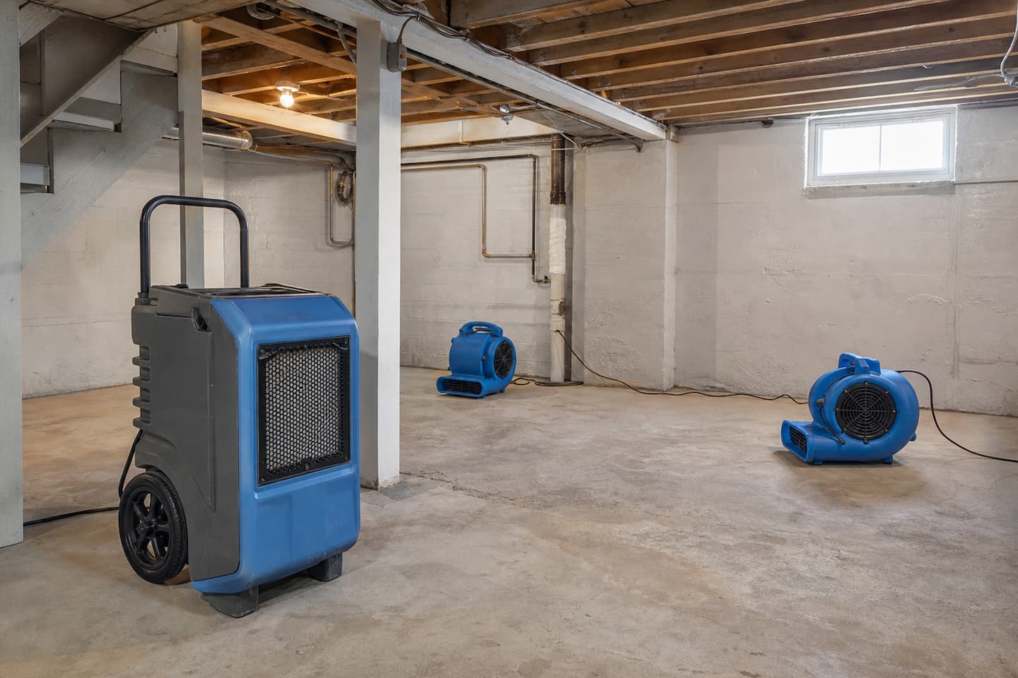 Dehumidifier and air movers arranged for structural drying in a residential basement