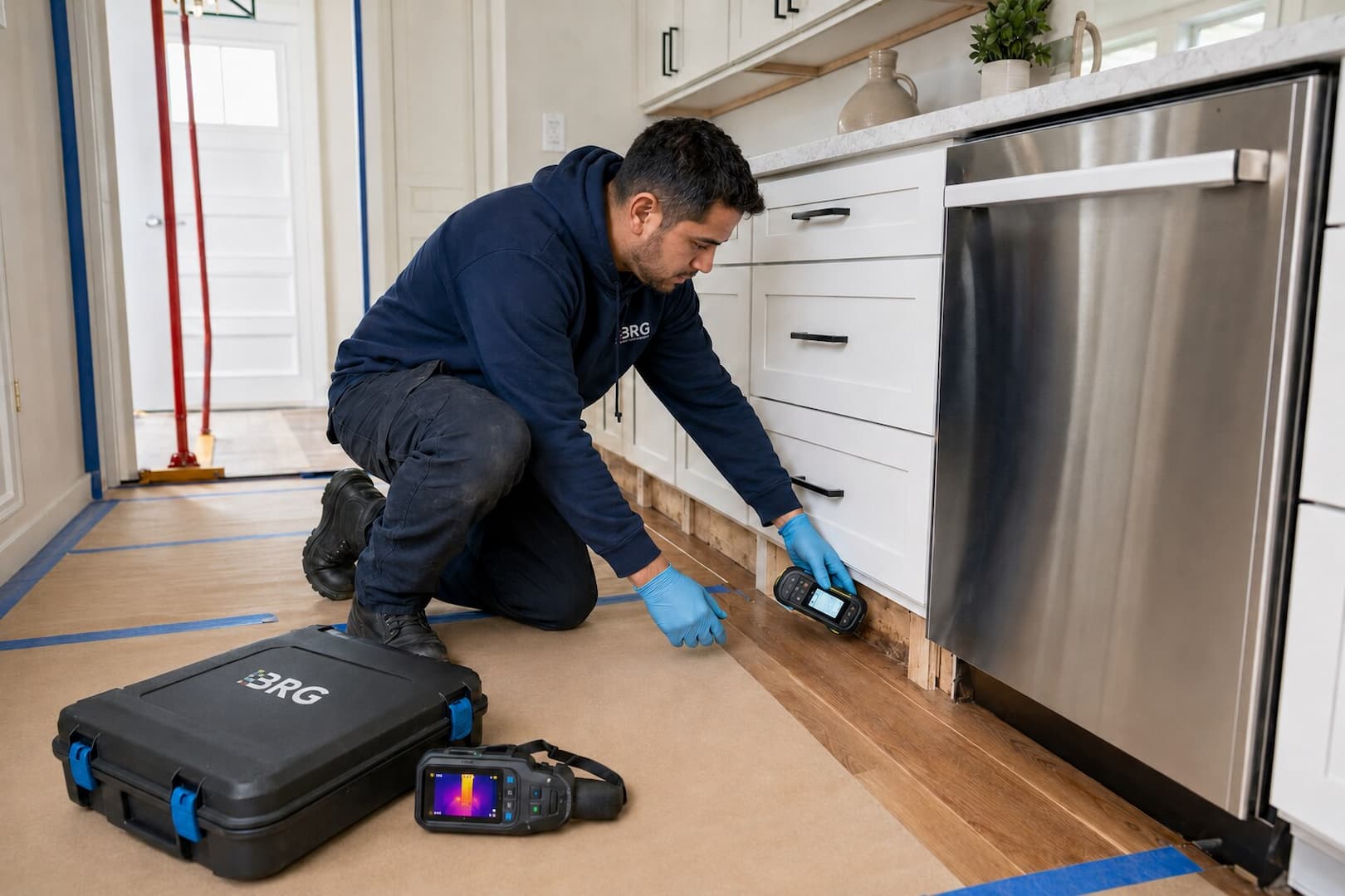 Hidden moisture inspection in a Boston home BRG technician checking hidden moisture beneath kitchen cabinets after a dishwasher leak
