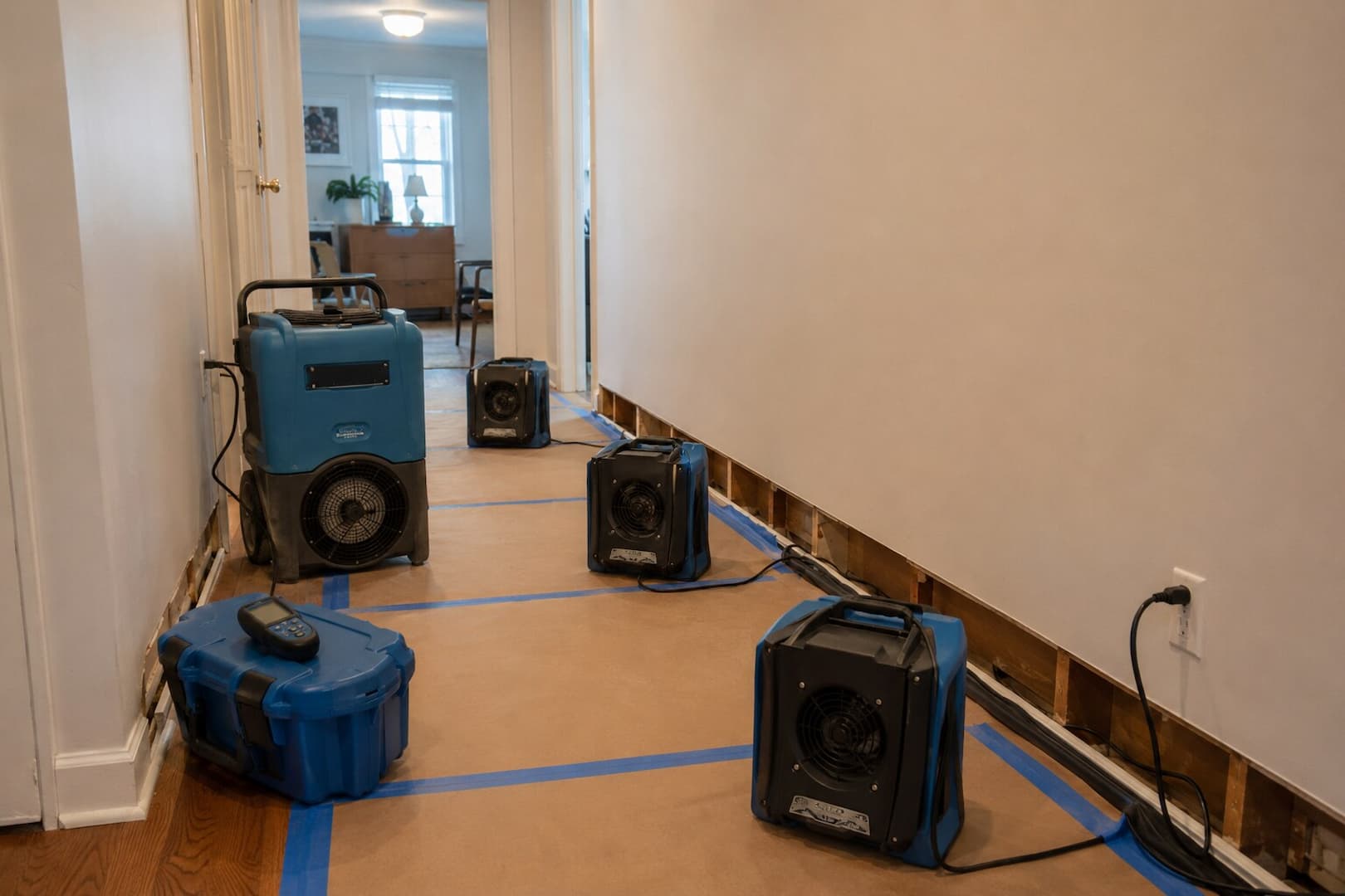 Monitored structural drying setup in Greater Boston Air movers and a dehumidifier arranged for structural drying in a Boston home