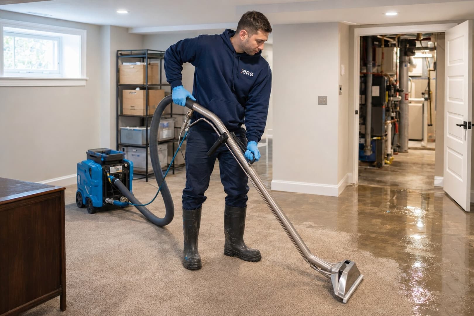Emergency basement water removal in Greater Boston BRG technician performing water extraction in a flooded Boston-area basement
