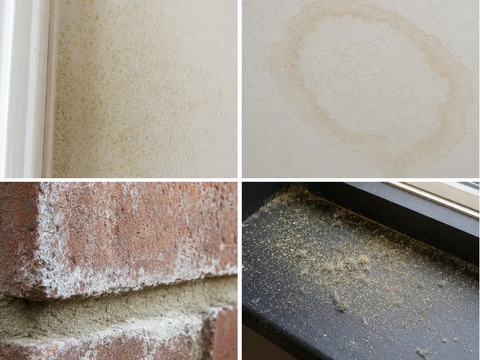 Four-panel photographic comparison of mold-like speckling, a water stain, mineral efflorescence, and dust or pollen