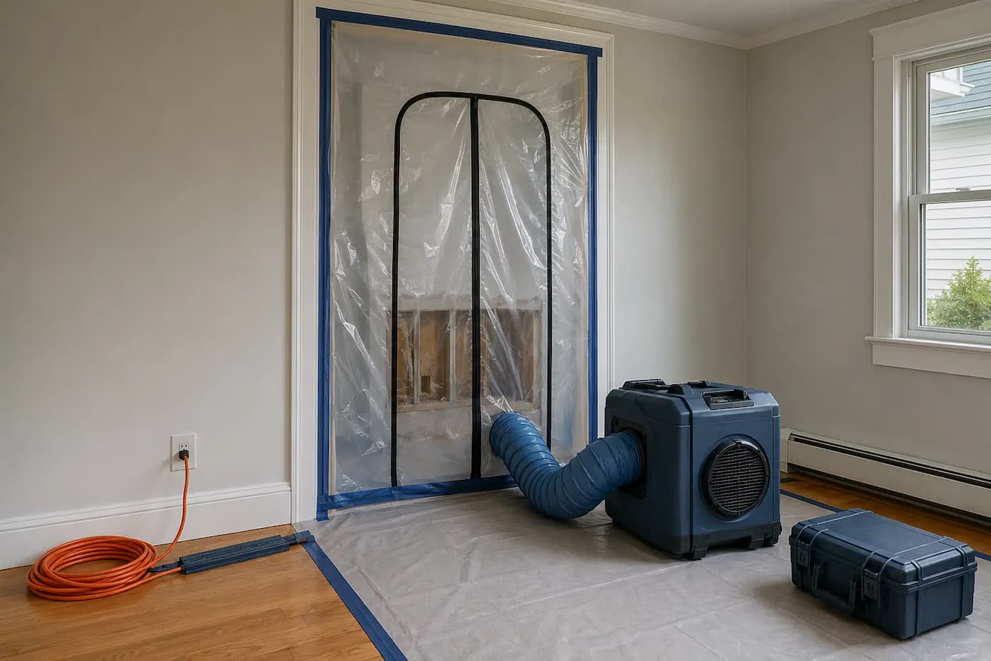 Plastic containment and HEPA air filtration equipment set up in a residential room