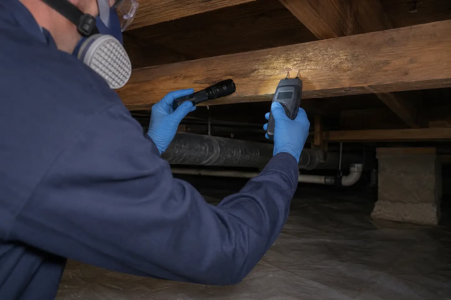 Restoration technician checking a wood floor joist with a moisture meter in a crawl space