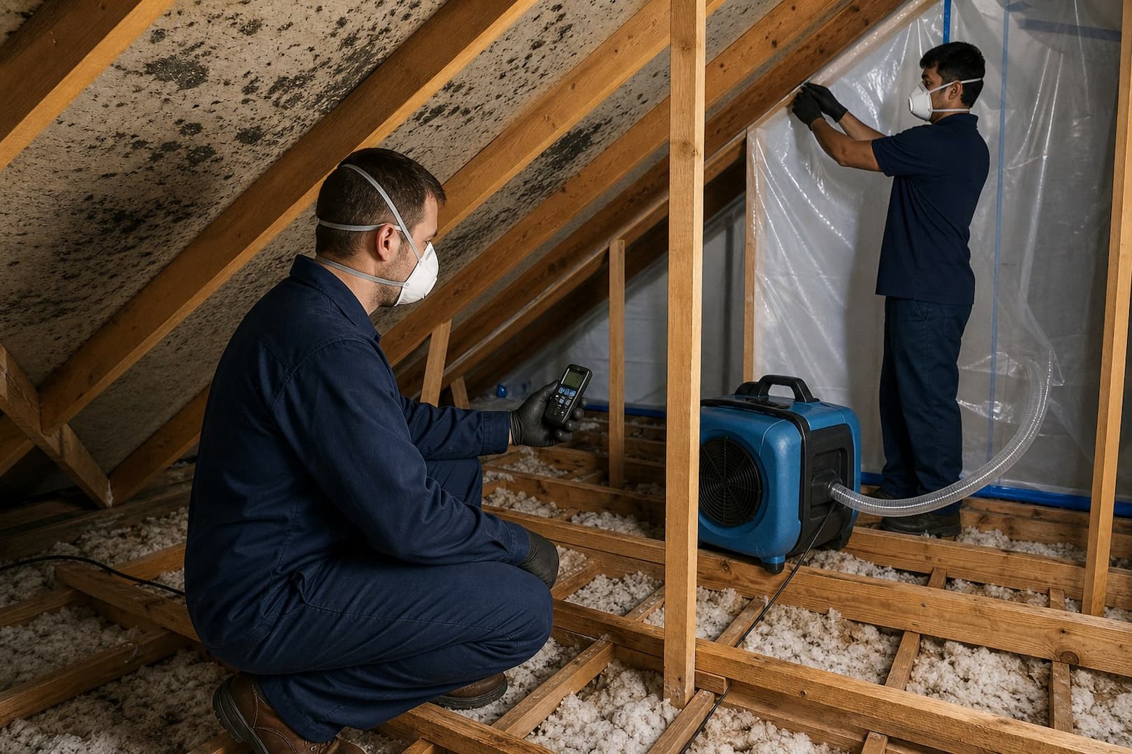 BRG restoration technician evaluating damp roof sheathing in an attic — controlled restoration process