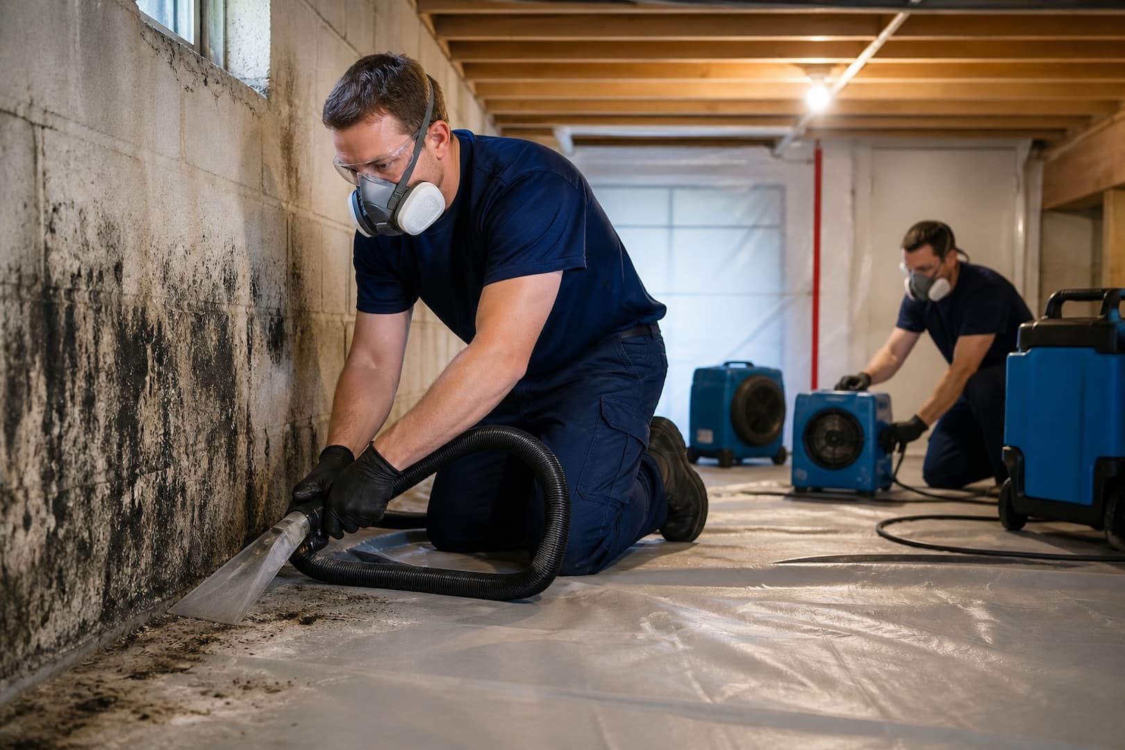 BRG technician mapping moisture at the base of a finished basement wall — controlled restoration process