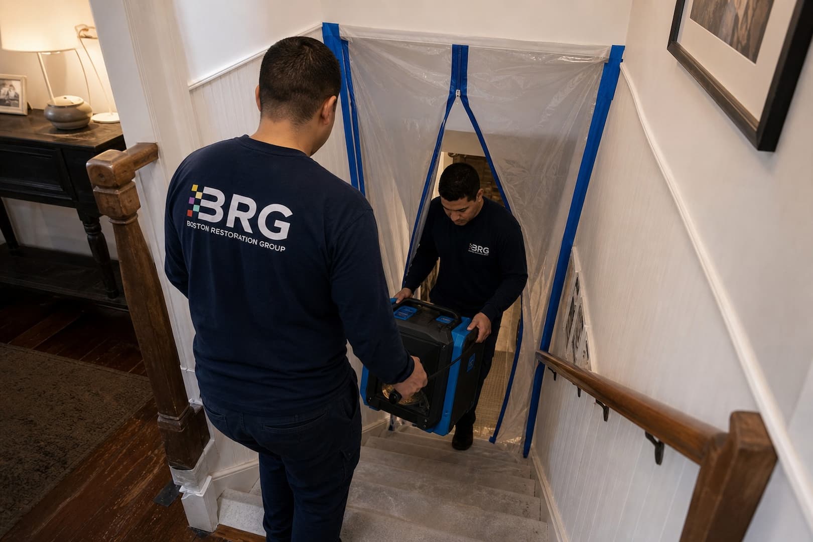 BRG basement septic backup crew protecting stairs and setting containment