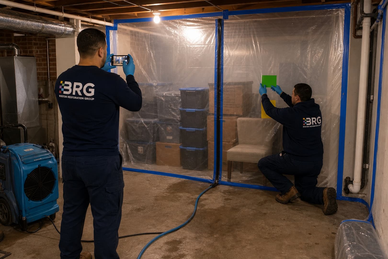 BRG technician separating basement contents after a septic backup