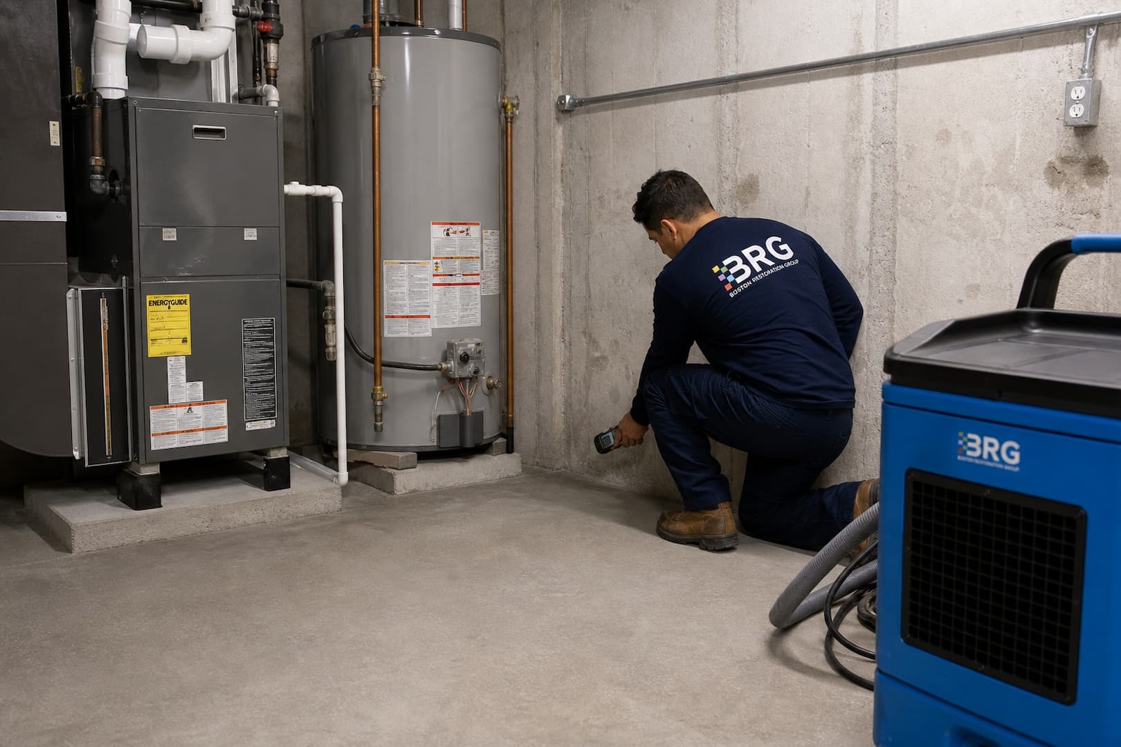 BRG specialist inspecting a basement mechanical area after septic backup cleanup