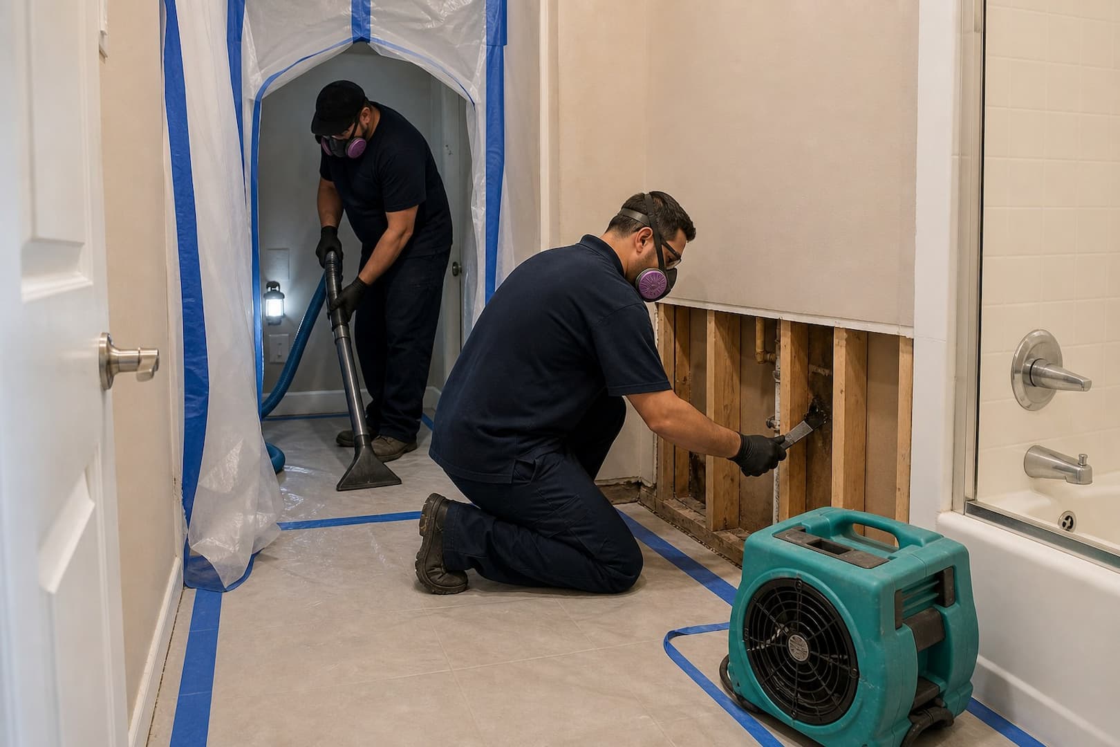 BRG technician inspecting moisture inside a bathroom wall cavity — controlled restoration process
