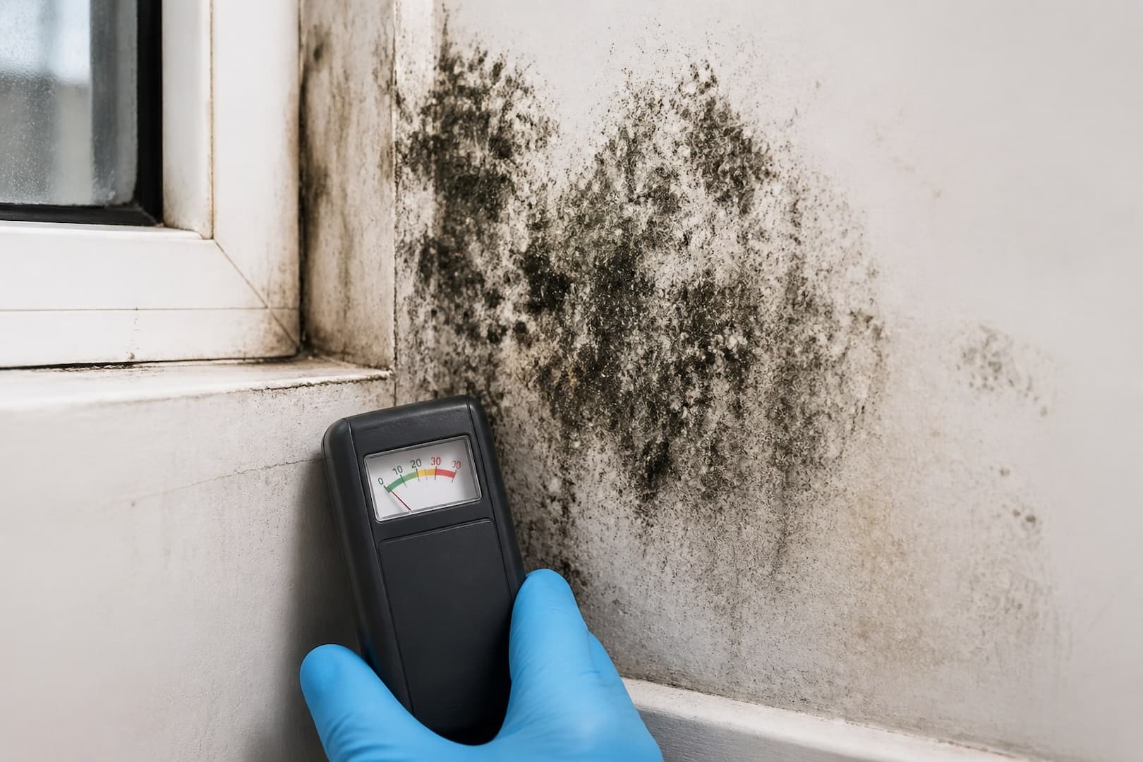 BRG mold remediation containment around dark growth on water-damaged material — close technical detail