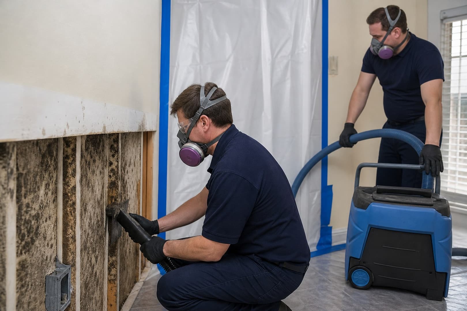 BRG mold remediation containment around dark growth on water-damaged material — controlled restoration process