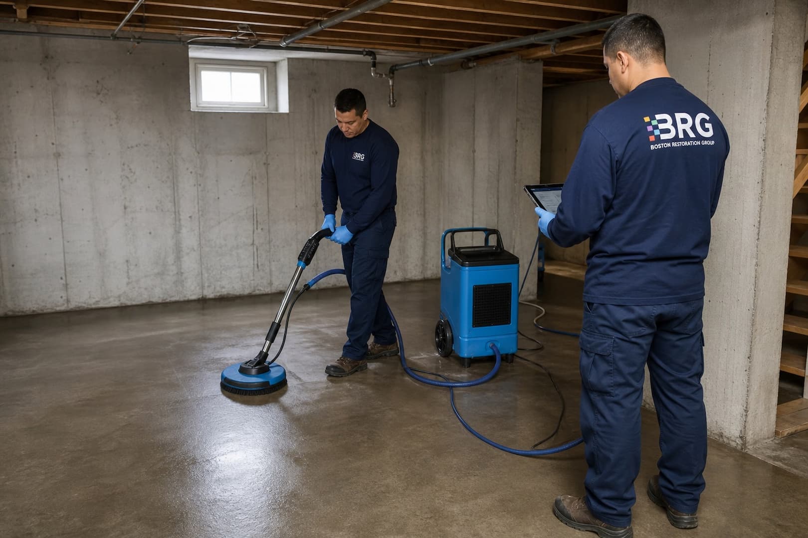 BRG specialist cleaning an exposed basement floor after contaminated water removal