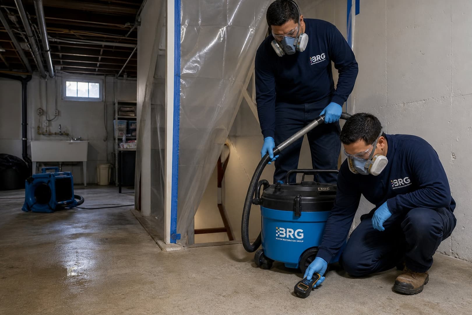 BRG technicians setting containment and checking a basement floor during black water cleanup