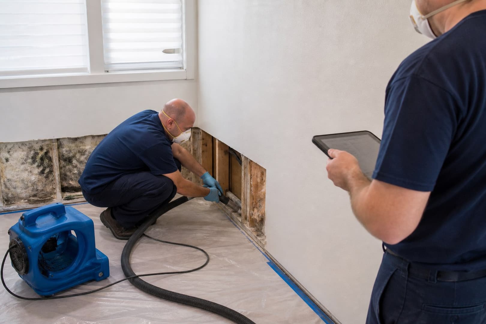 BRG technician inspecting damp building material with blue-green mold-like growth — controlled restoration process