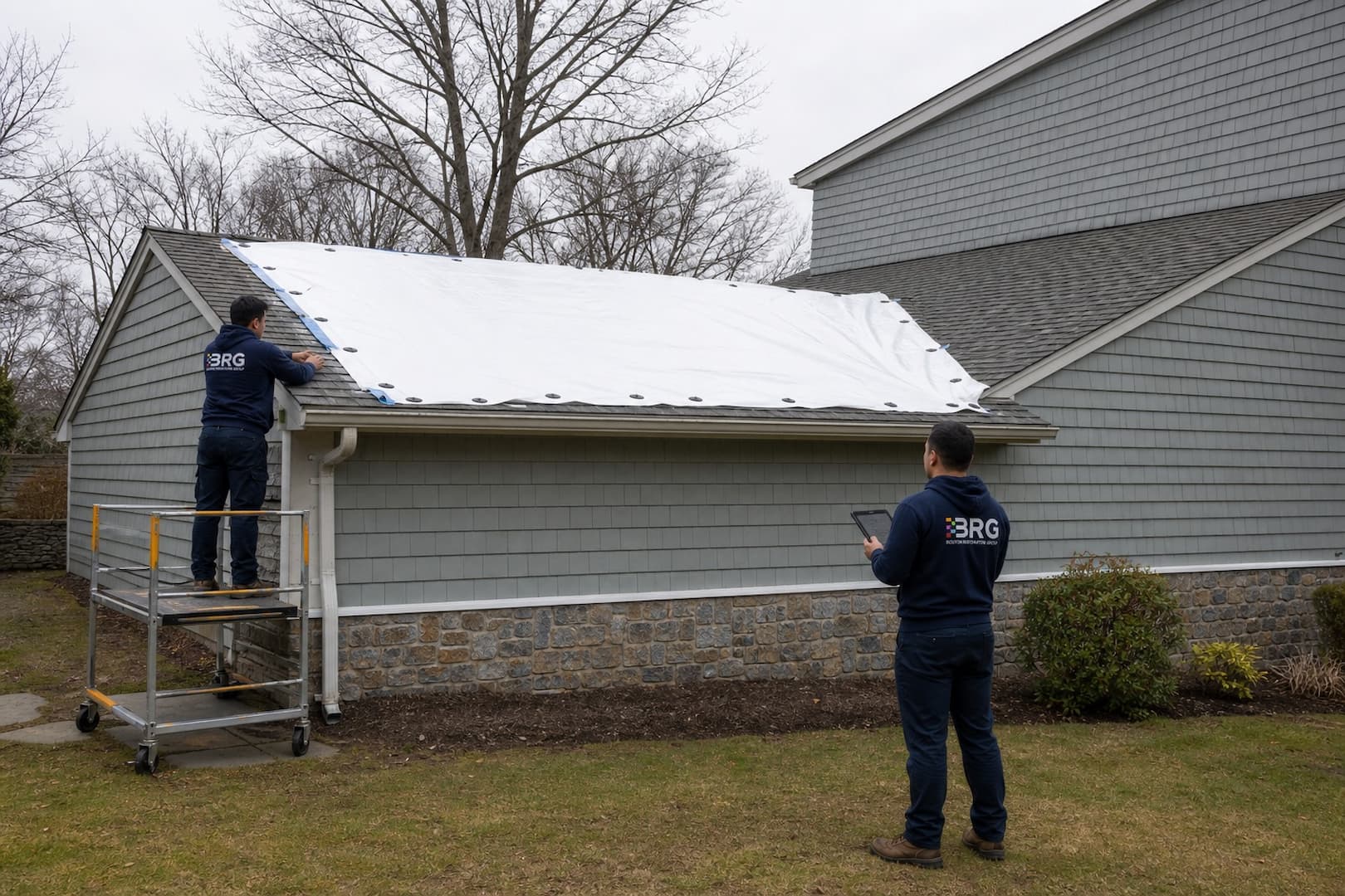 BRG project lead documenting temporary roof protection after storm damage