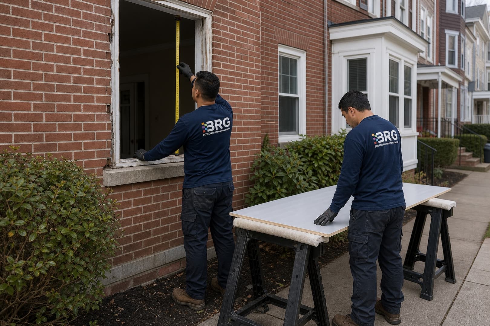 BRG specialist measuring a damaged residential window frame before temporary board-up