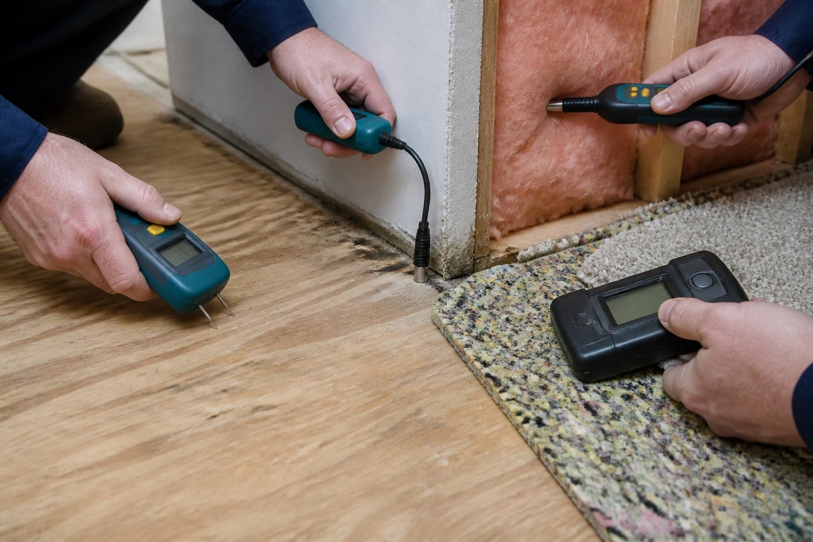 BRG technician recording moisture readings during structural drying — close technical detail