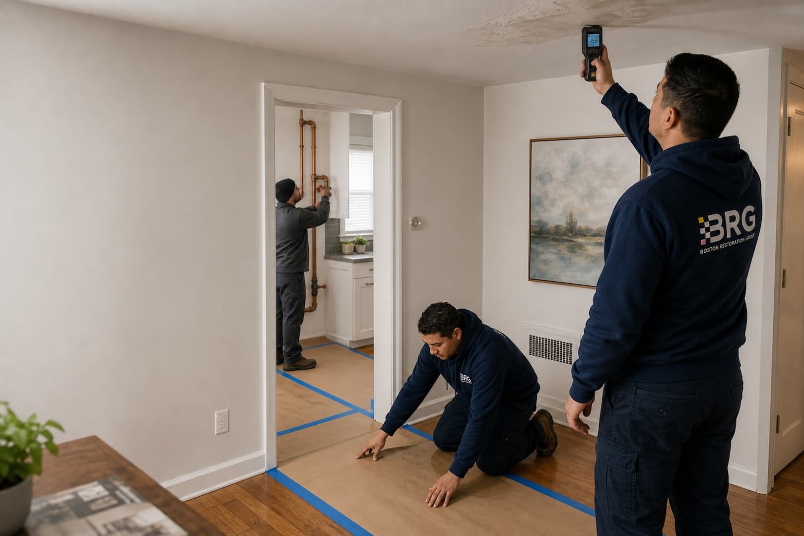BRG technician inspecting a burst supply line and wet ceiling in a Boston-area home