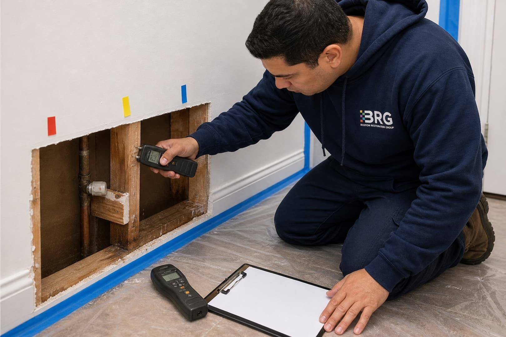 BRG specialist mapping moisture around a wall cavity after a pipe leak
