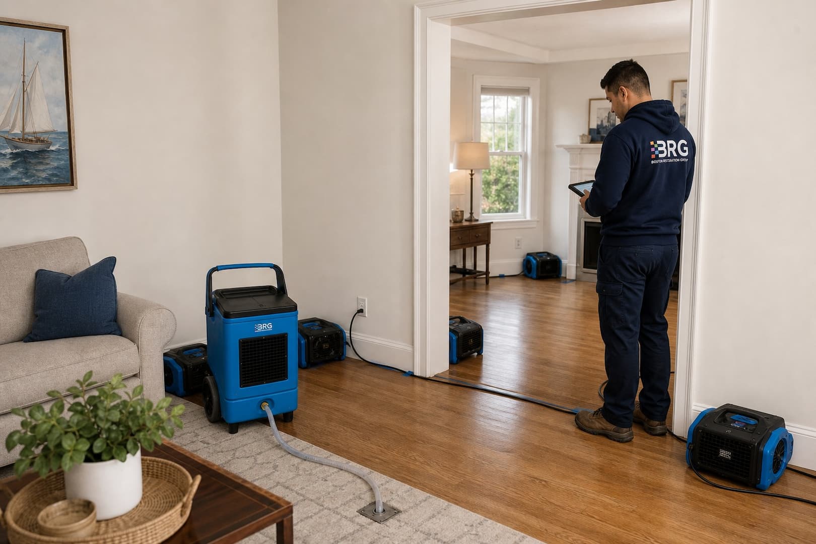 BRG air movers and dehumidifier drying rooms affected by a burst pipe
