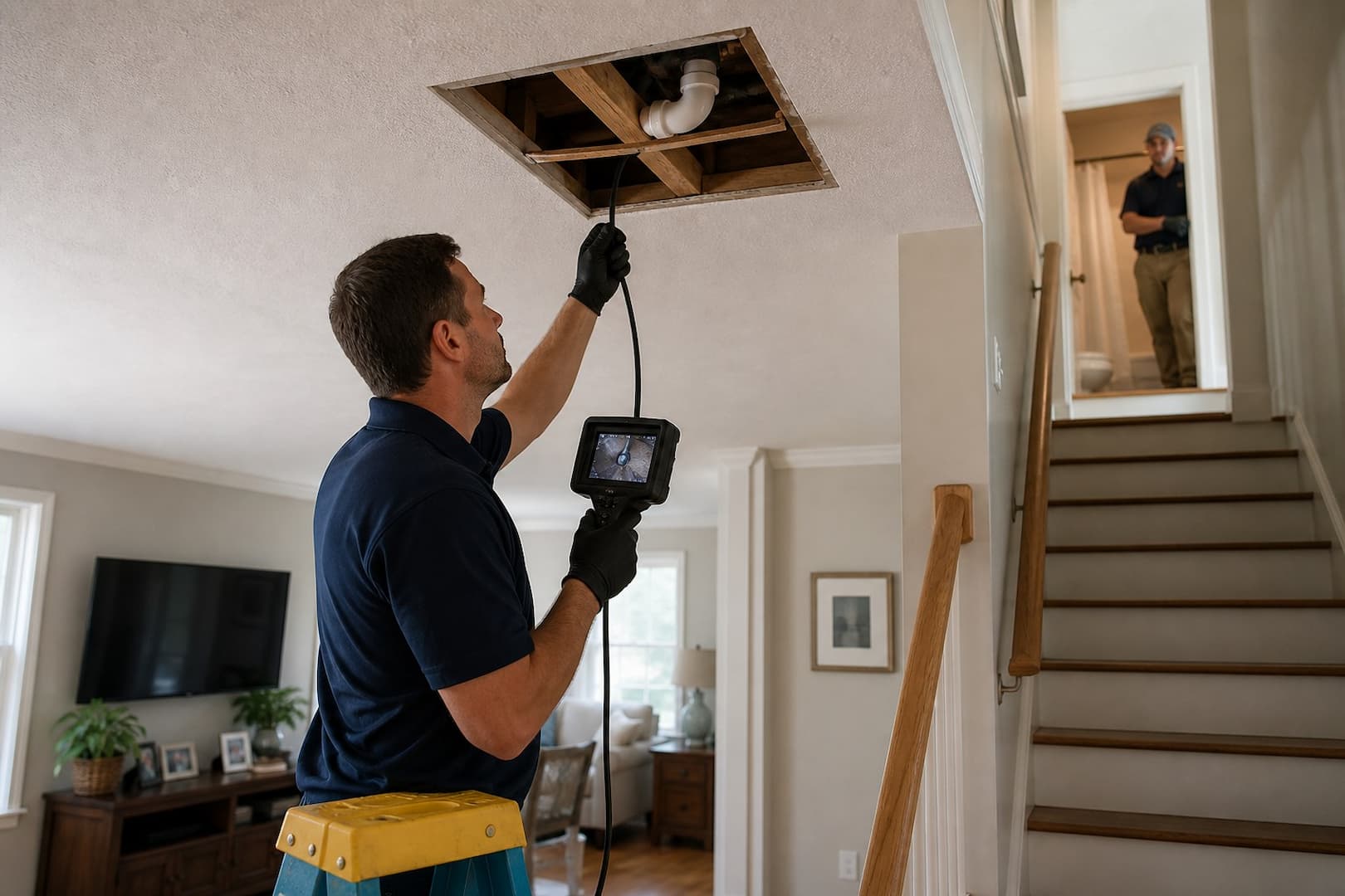 Ceiling water path investigation comparing plumbing roof and condensate evidence