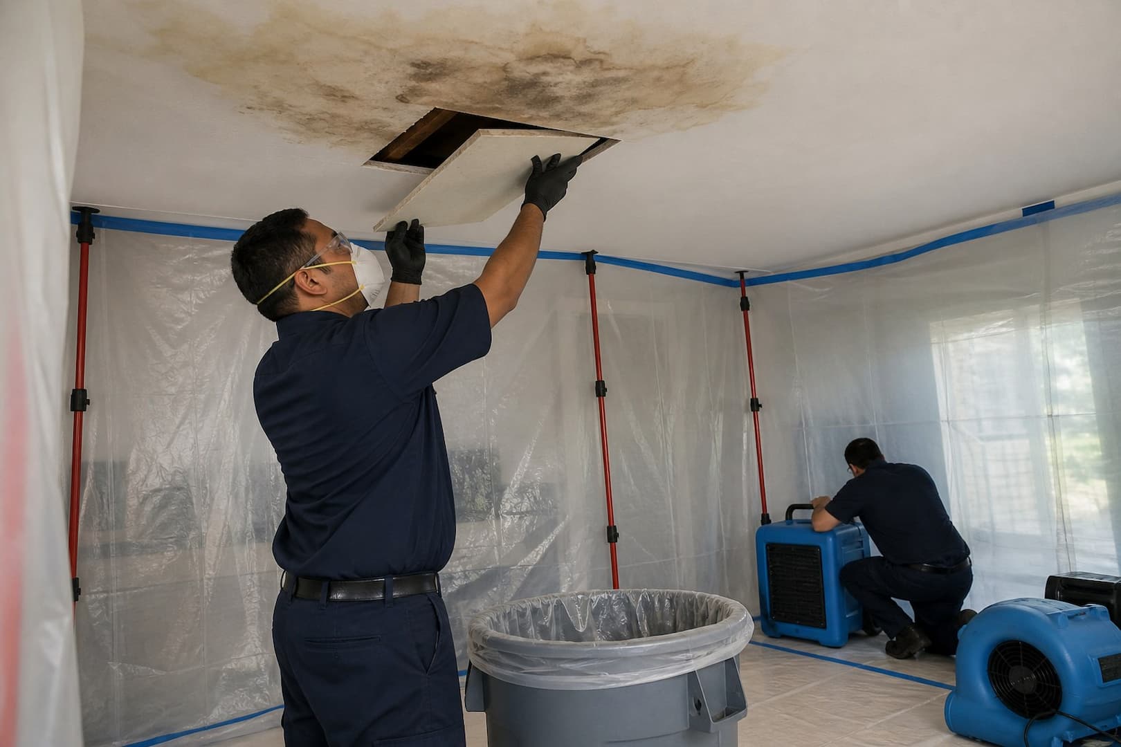 BRG technician measuring moisture around ceiling water damage below a plumbing leak — controlled restoration process