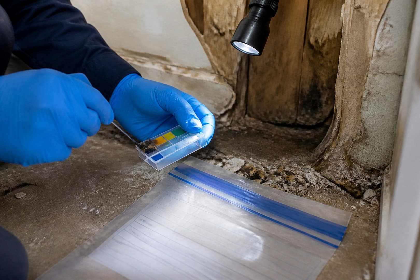 BRG technician inspecting damp drywall and wood after a Chaetomium lab result — close technical detail