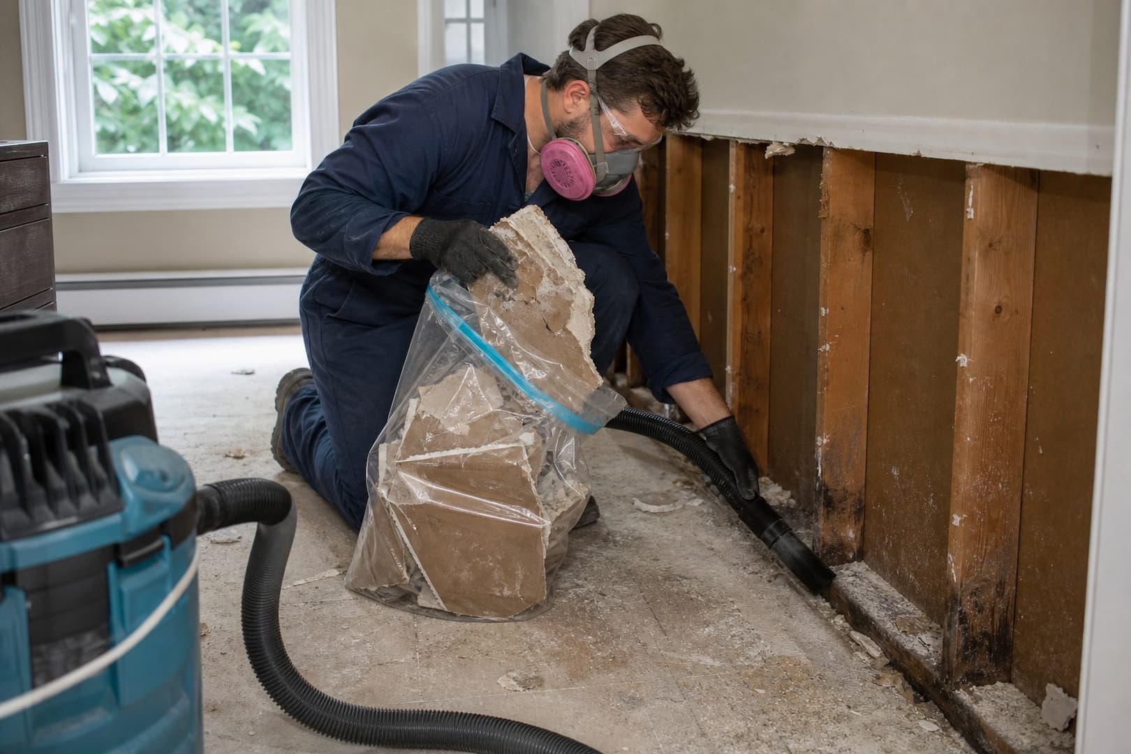 BRG technician inspecting damp drywall and wood after a Chaetomium lab result — controlled restoration process