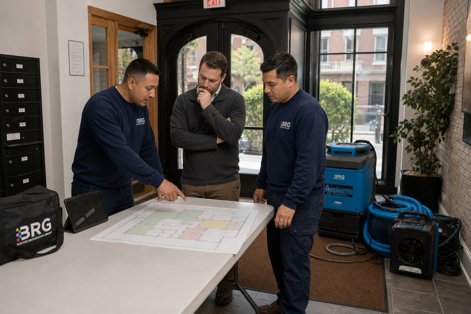 BRG commercial restoration team briefing a property manager at an active loss