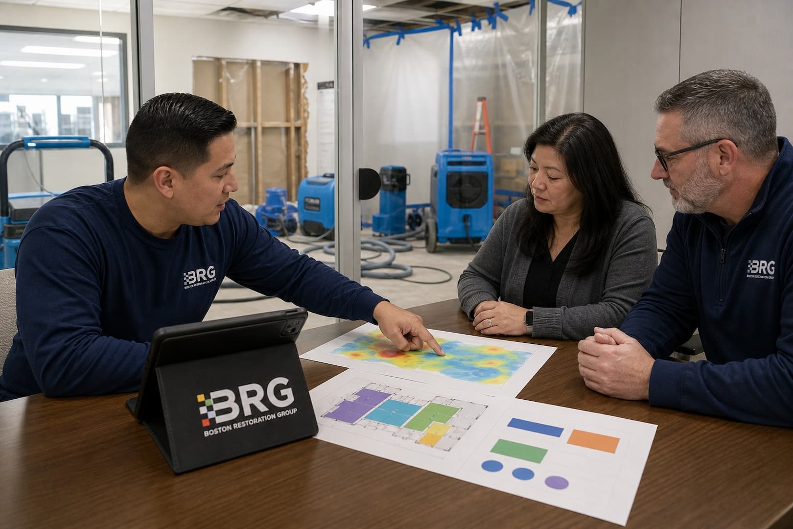 BRG project lead reviewing the daily restoration record with building stakeholders