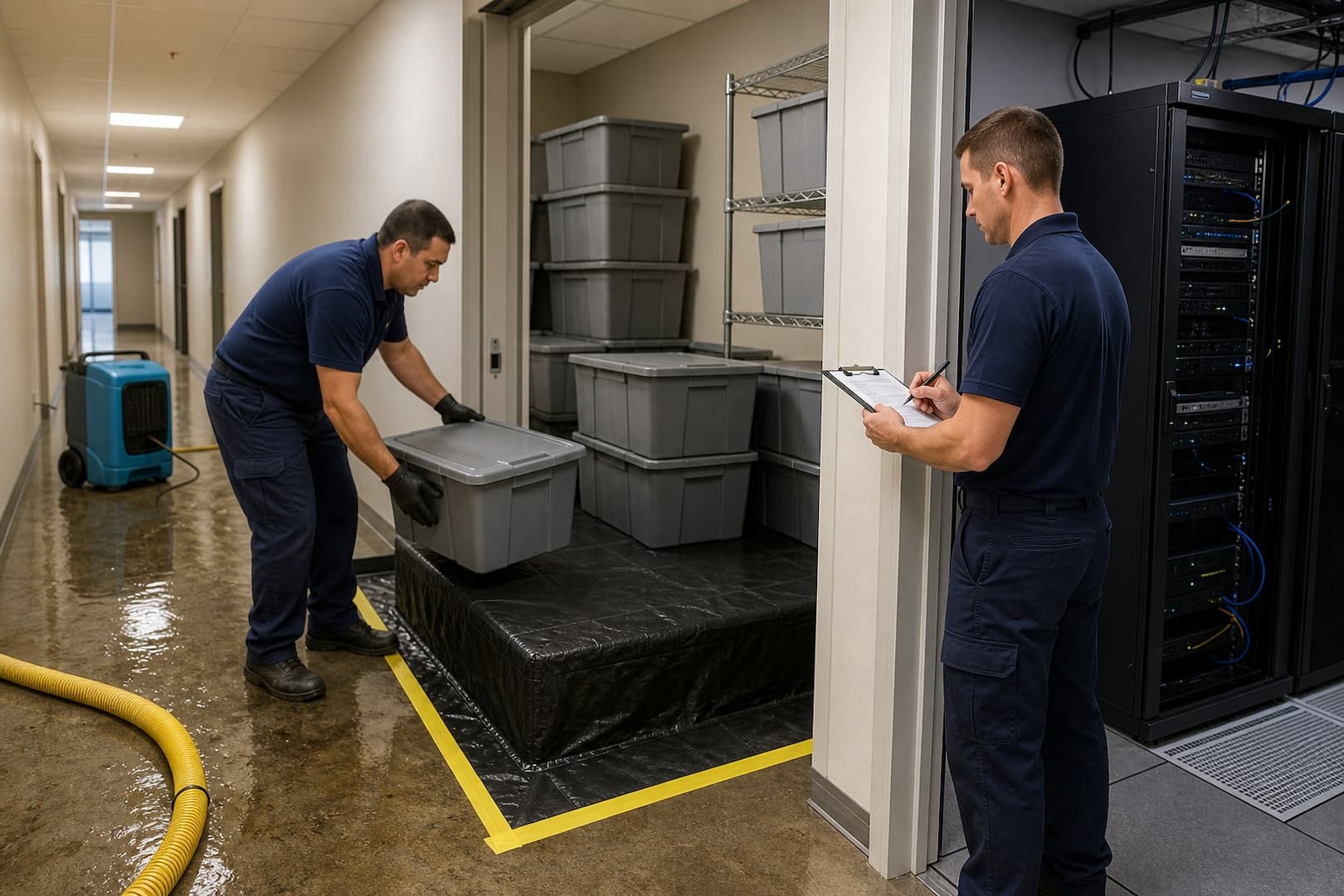 Commercial water response staging for priority equipment records and operations
