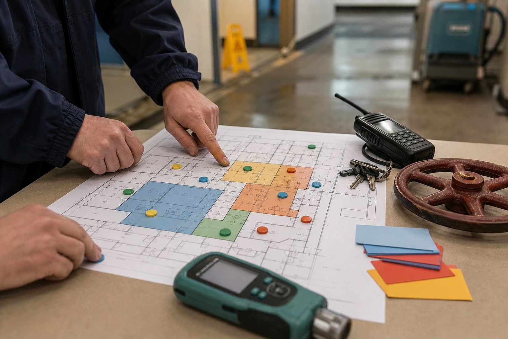 BRG commercial restoration team reviewing a water-damage response plan and floor map — close technical detail