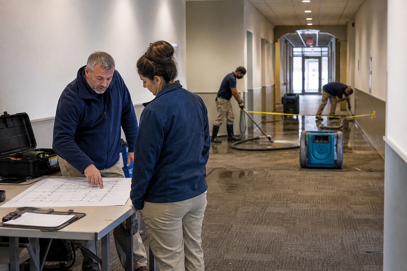 BRG commercial restoration team reviewing a water-damage response plan and floor map — controlled restoration process