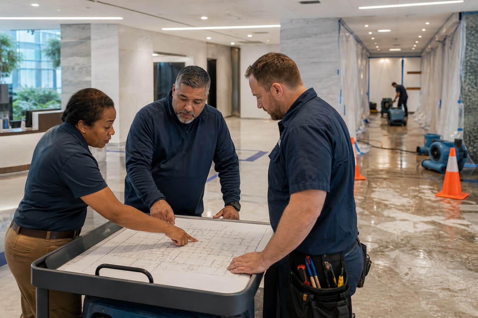 Commercial water incident command briefing with facilities IT and operations roles