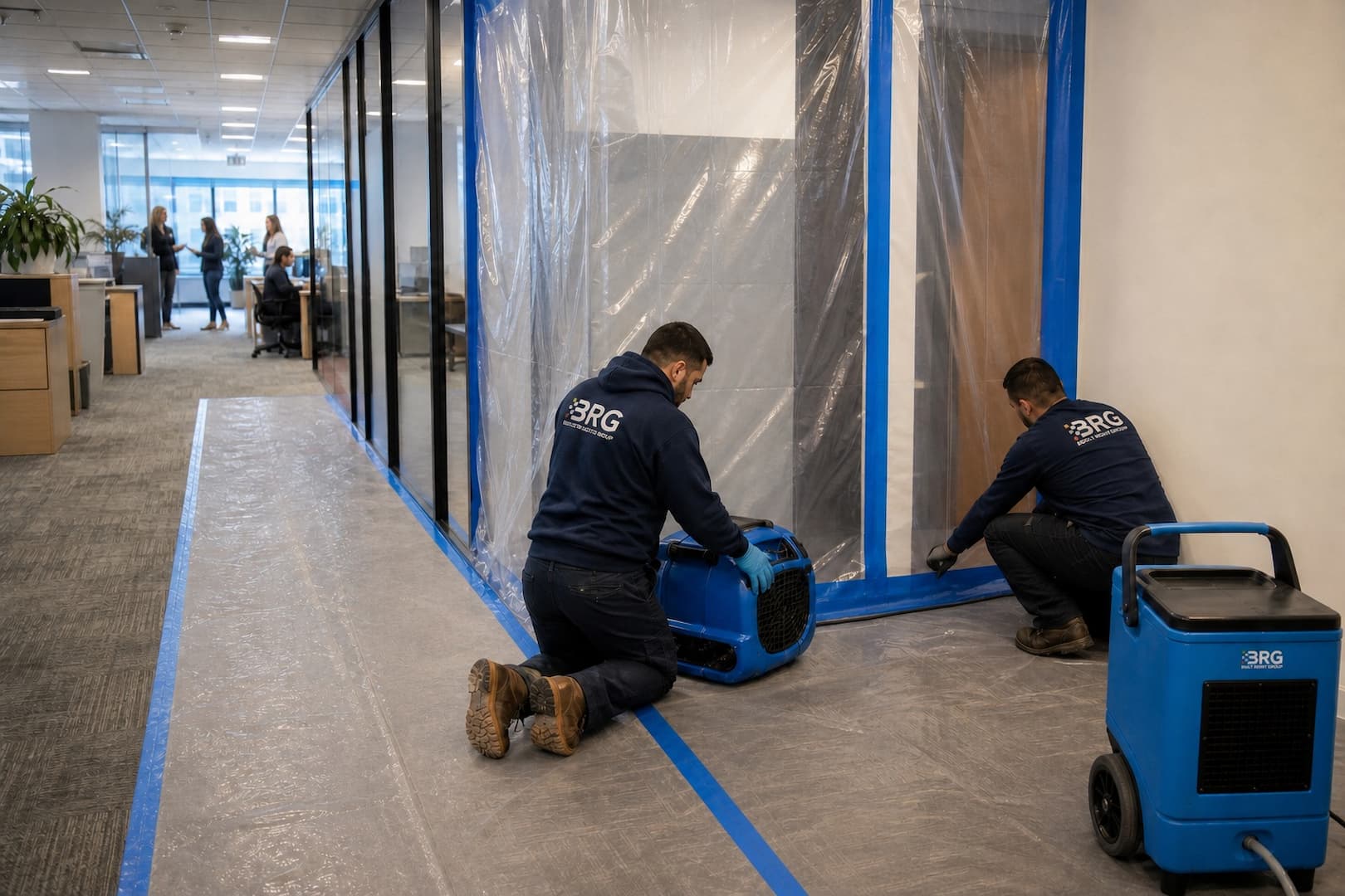 BRG crew separating occupied and restoration zones during a commercial water loss