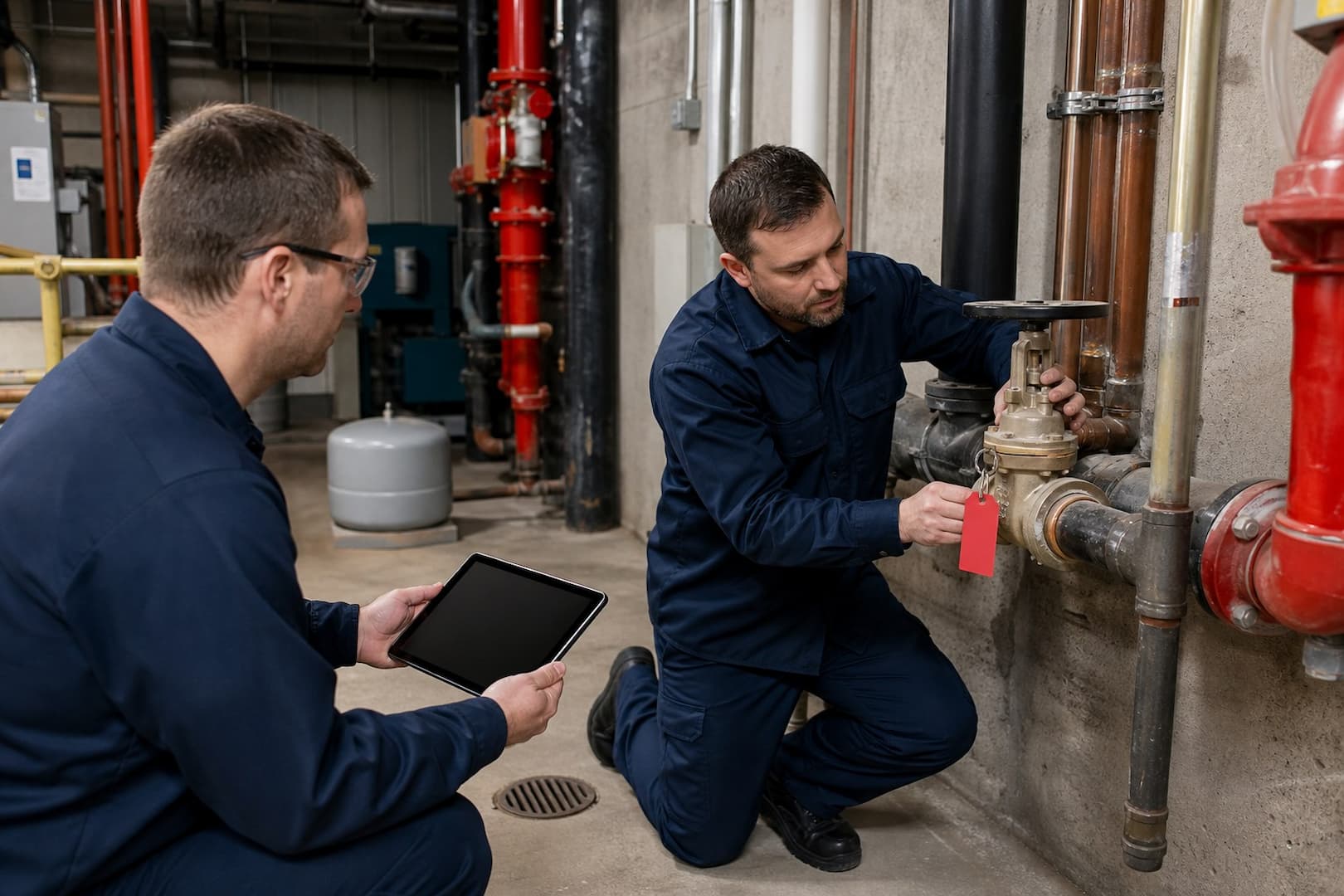 Facilities team conducting a commercial water shutoff mapping drill