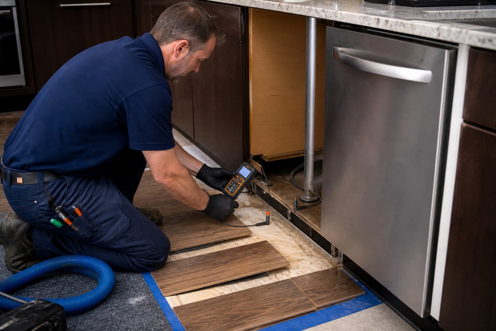 Layer mapping beneath dishwasher cabinets flooring and subfloor