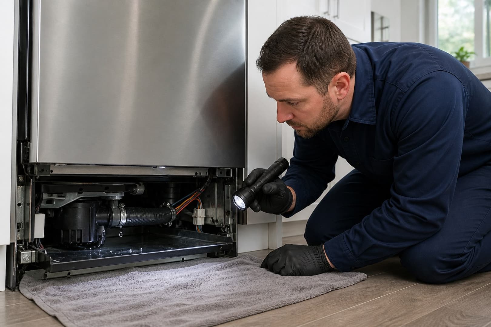 Dishwasher leak diagnosis comparing supply wash and drain cycle evidence