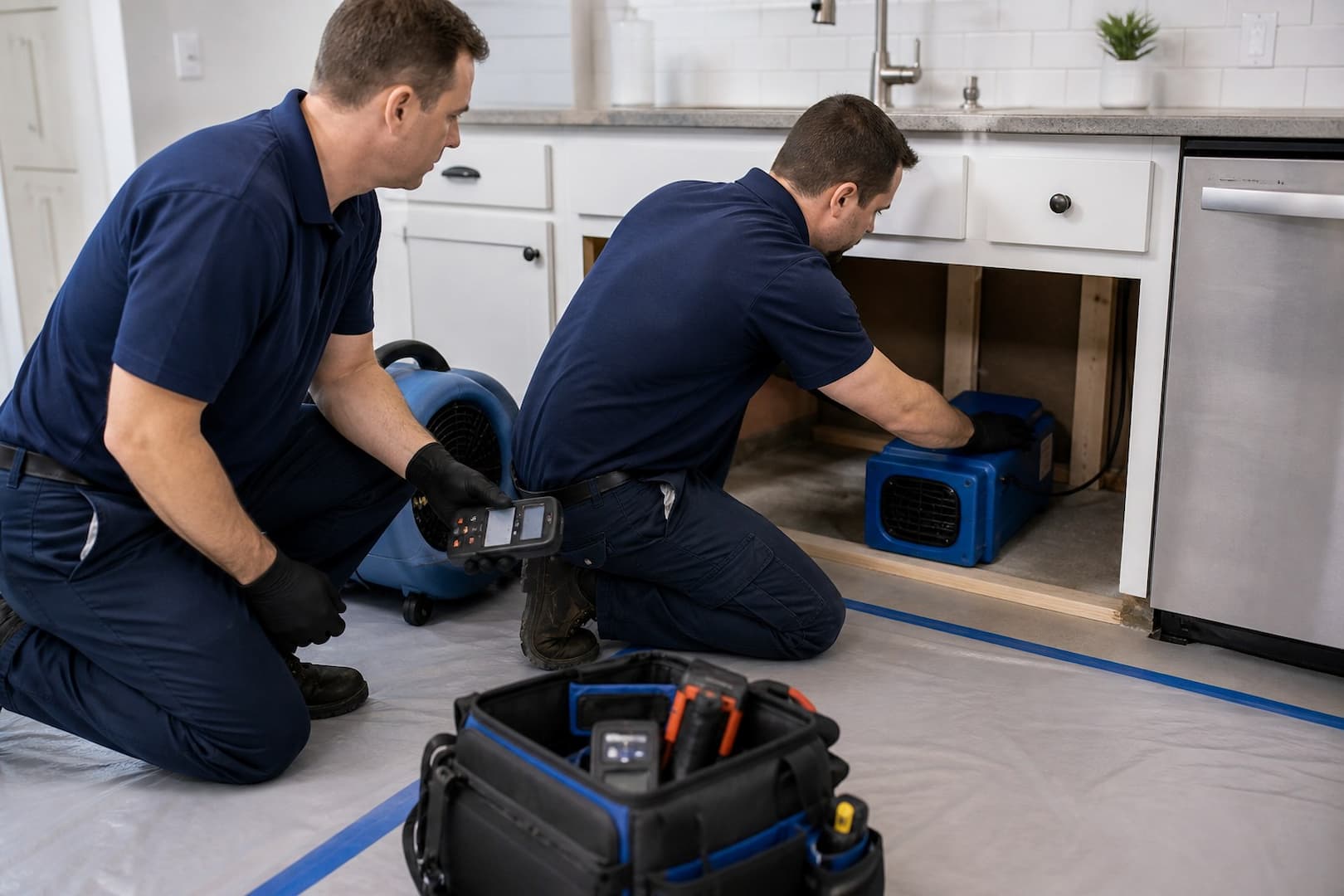 BRG technician inspecting cabinet toe-kicks and flooring after a dishwasher leak — controlled restoration process