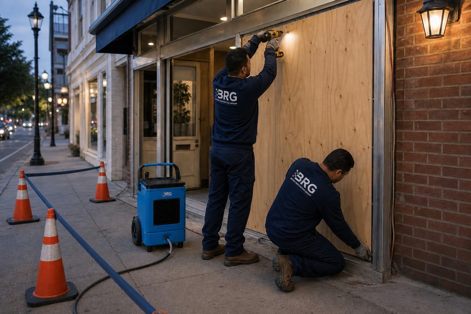 BRG crew securing a damaged storefront opening after glass removal