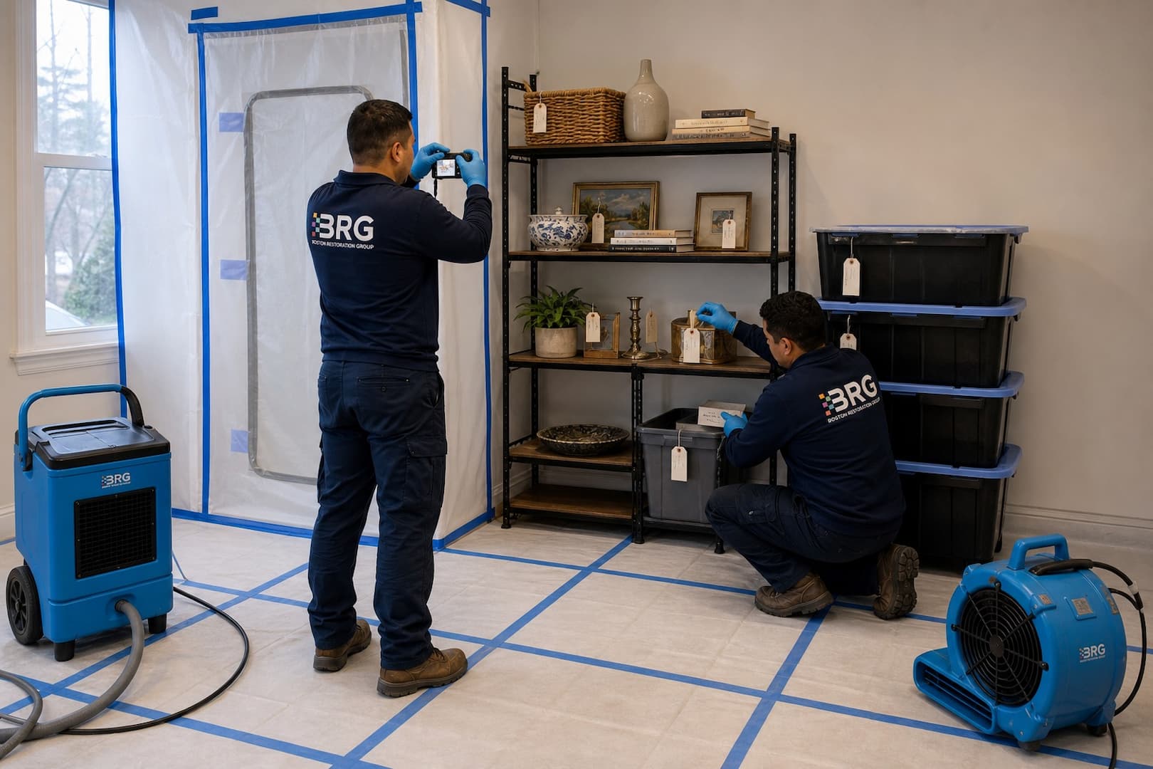 BRG crew organizing protected contents for smoke cleaning and documentation