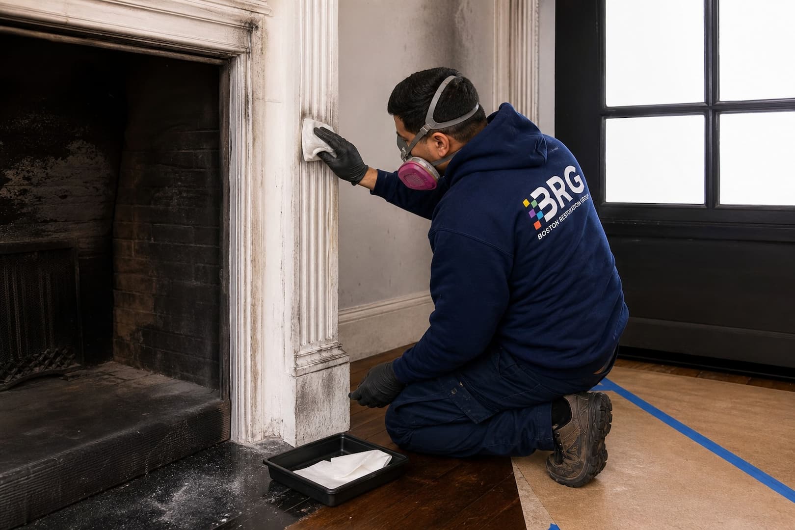 BRG technician testing smoke residue on different household surfaces