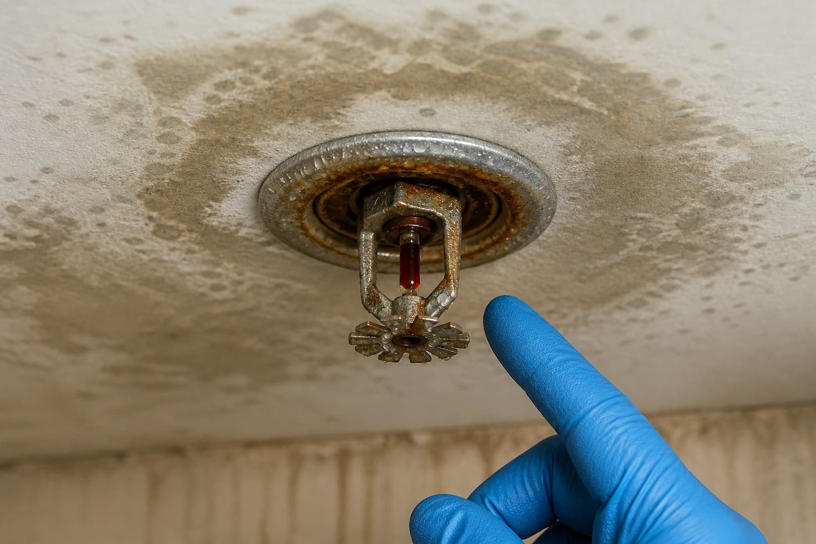 BRG restoration team extracting water and protecting contents after a fire-sprinkler discharge — close technical detail