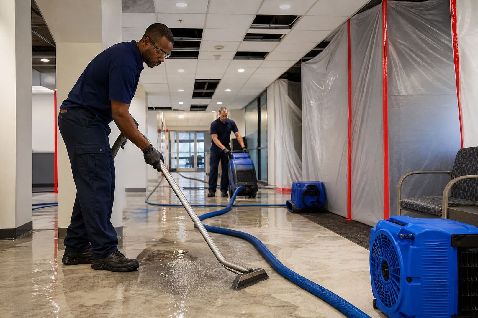 BRG restoration team extracting water and protecting contents after a fire-sprinkler discharge — controlled restoration process