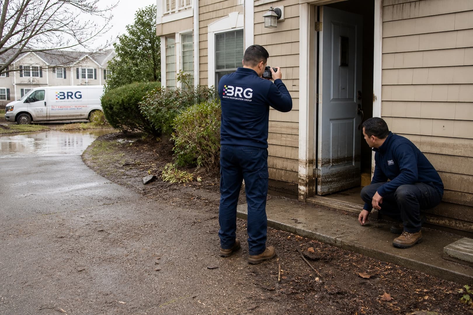 BRG crew assessing floodwater entry at a Greater Boston ground-floor property