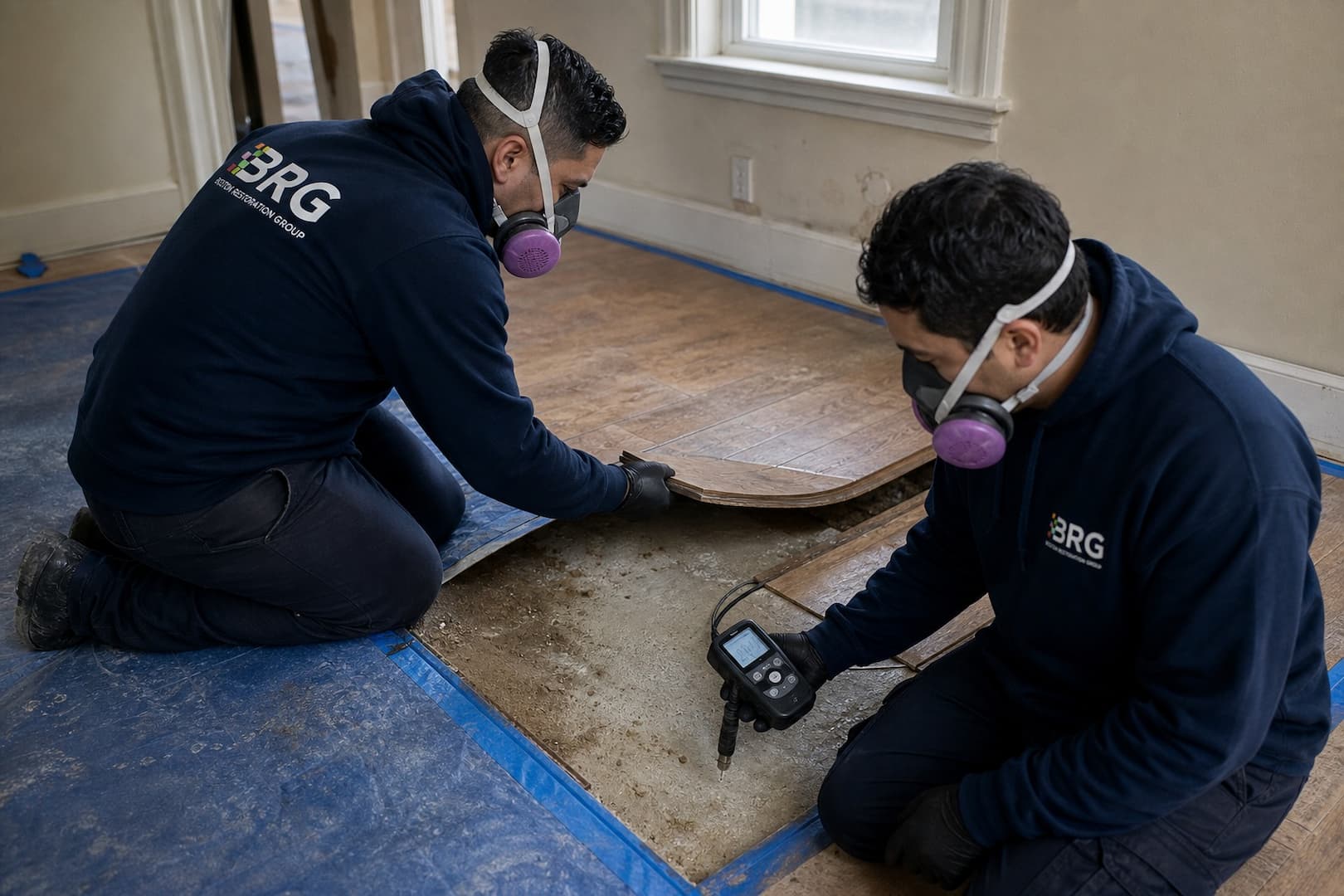 BRG technician inspecting a floor assembly after flood damage