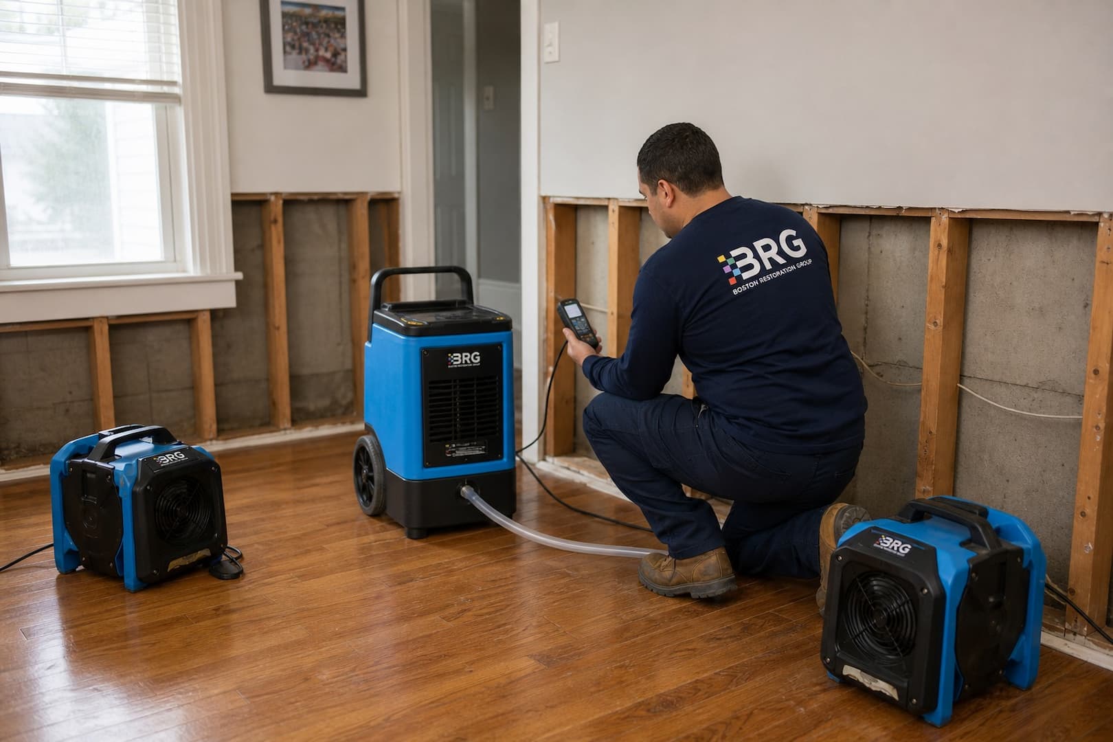 Controlled BRG drying setup after flood-damaged materials were removed